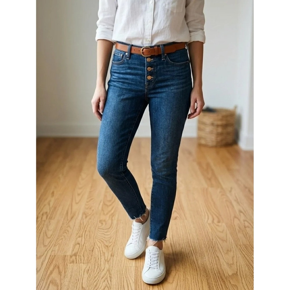 J. Crew Re-Imagined High Rise Skinny Jeans Exposed Button Fly Raw Hem Blue 28
